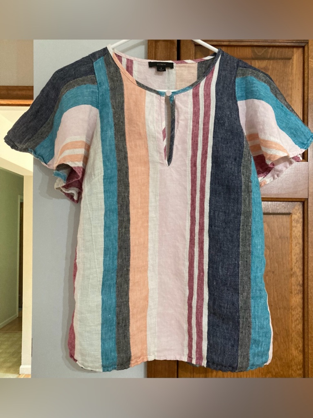 J. Crew Colorful Striped Linen Blouse with flutter sleeves 4 S Small